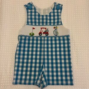 Banana split romper boys 9 month blue and white checkered smocked golf summer